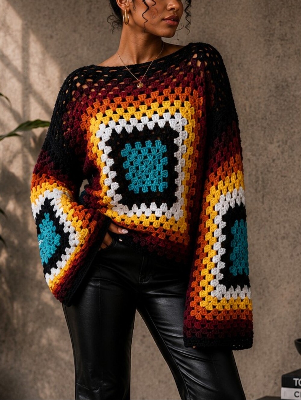 Handmade Granny Square Crochet Sweater Cardigan Oversized Boho Festival Hip